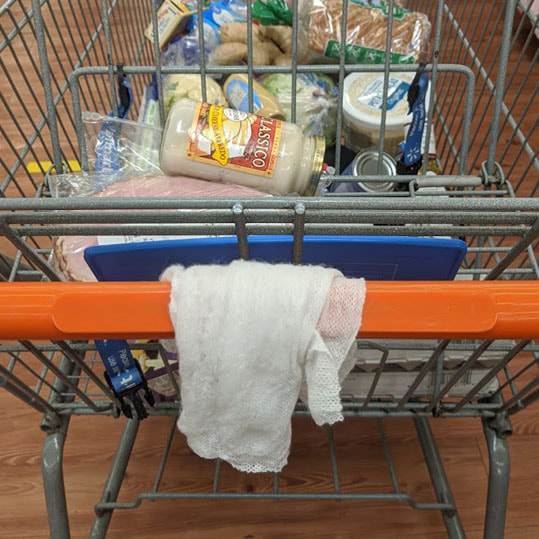 image of wysi hanging over grocery cart handle 